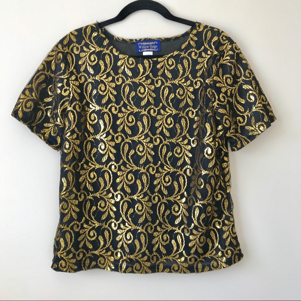 Metallic Gold Lace Holiday Sparkle Blouse Top